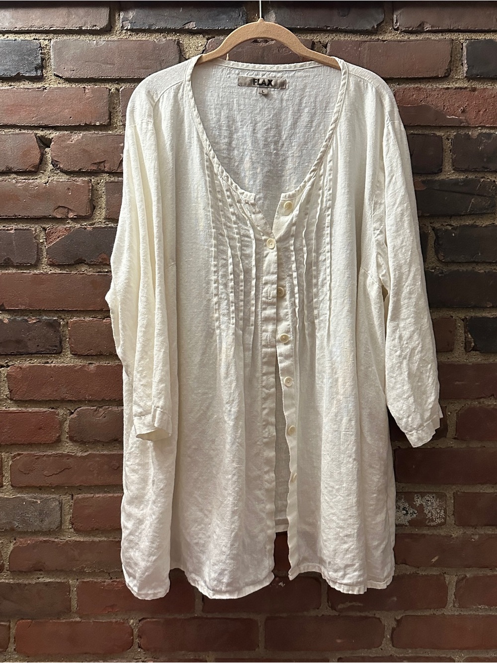 FLAX off white pin-tuck button shirt -runs generously 3/4 sleeve-damaged